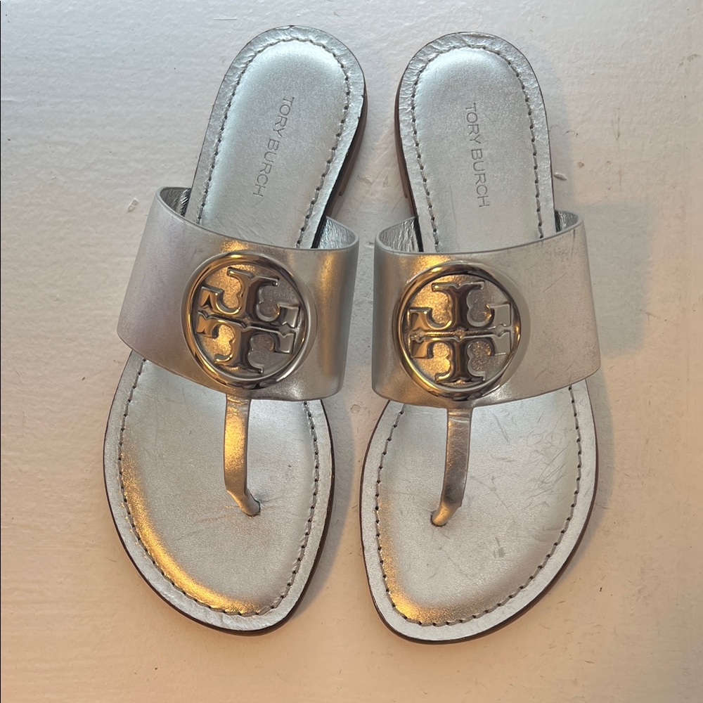 Tory Burch Metallic Silver Slides